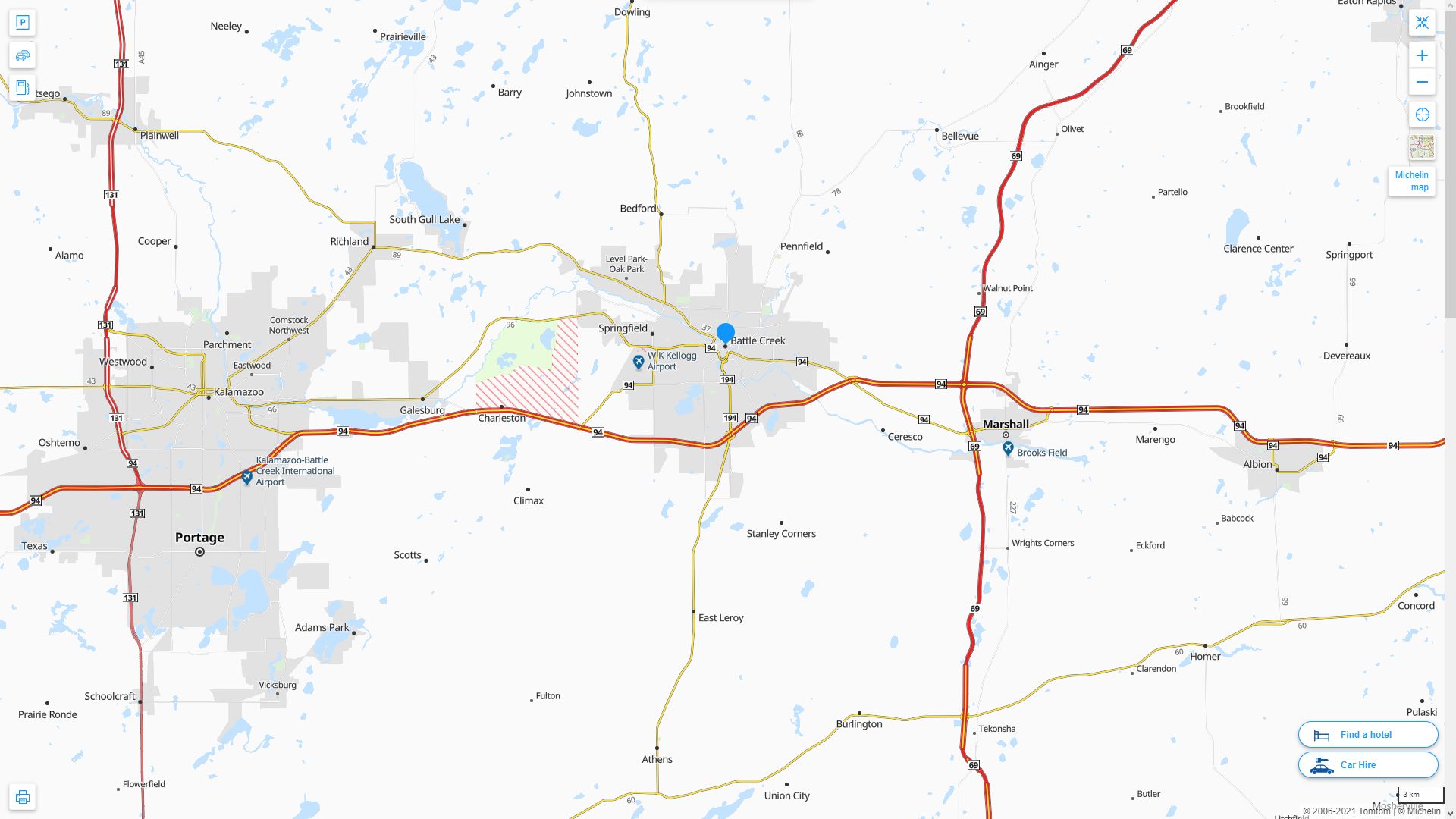 Battle Creek Michigan Highway and Road Map